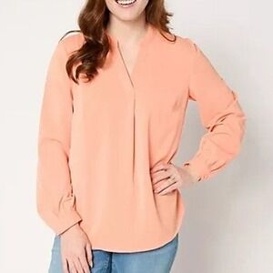 Denim & Co Petite XL Spring Melon Pleat Back Long Sleeve‎ Tunic Career A677839